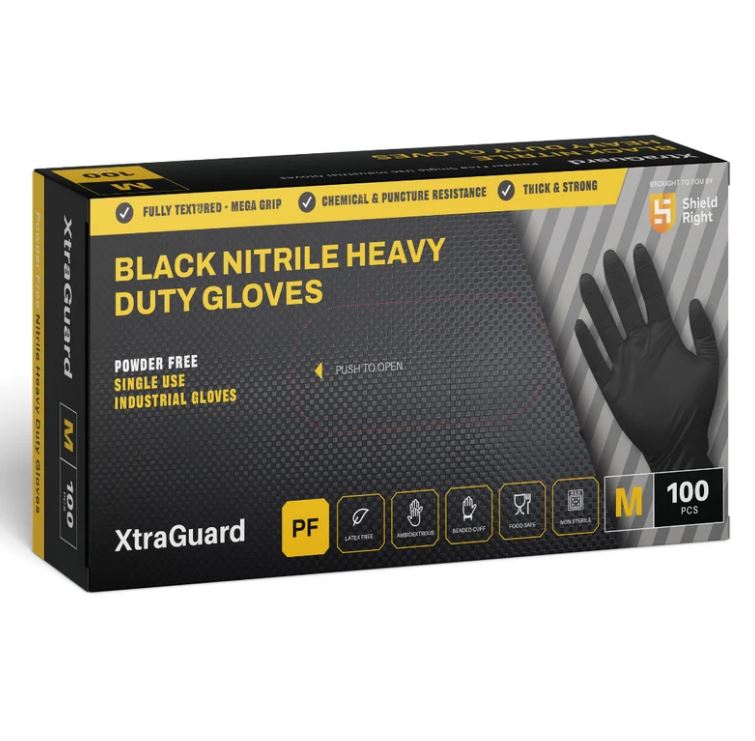 Black Nitrile Powder Free Heavy Duty Disposable Gloves - XtraGuard (Carton of 10 Boxes)